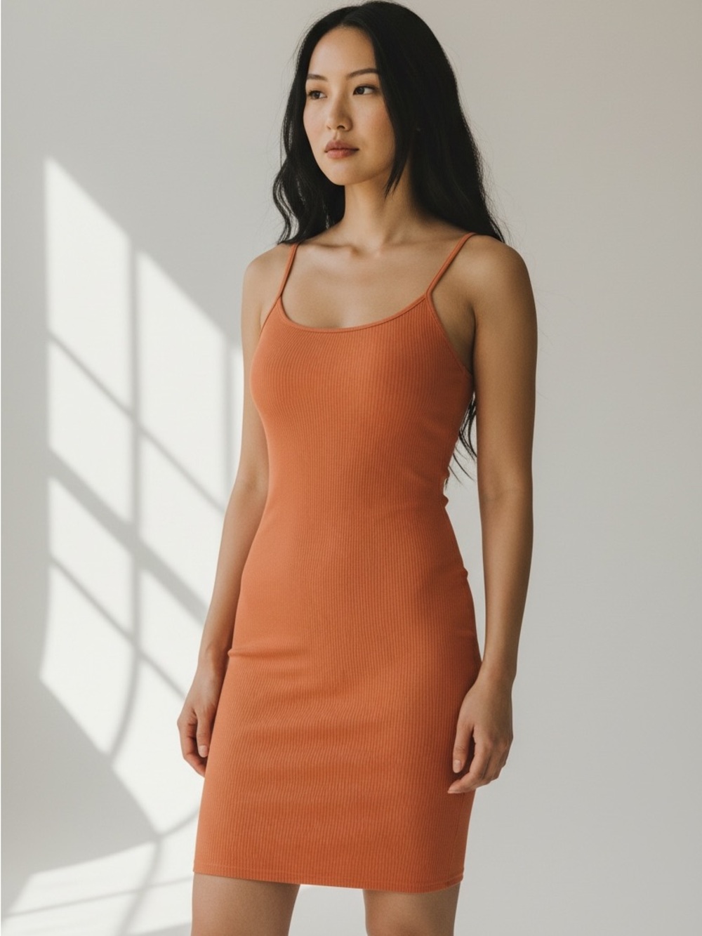 New Look Ribbed Spaghetti-Strap Bodycon Dress in Orange